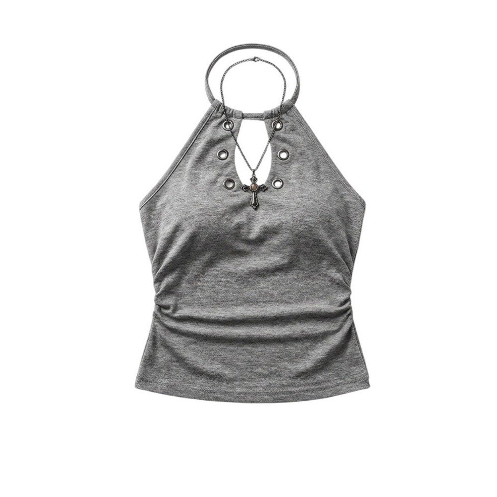 Halter Neck Top Womens Small Gray Excellent Goth Cross Keyhole Ruched